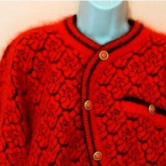 VTG Rafiana Faux Wrap Red Sweater Soft Fuzzy Angora Wool Blend Buttons Dolman M - Picture 8 of 14